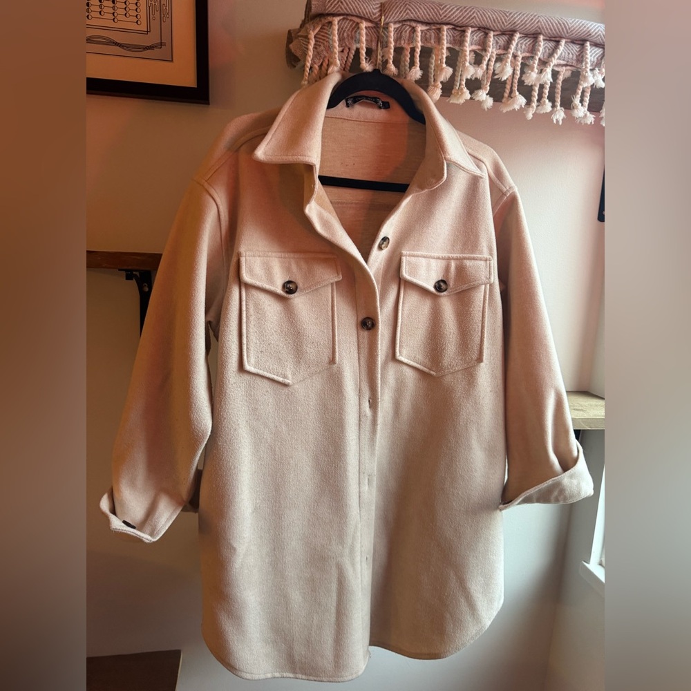 Cream Utility Jacket with Relaxed Fit and Pointed Collar